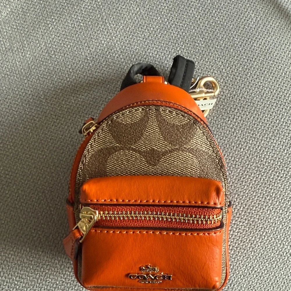 New Coach Mini Court Backpack Bag Charm In Signature Canvas Brown and Orange